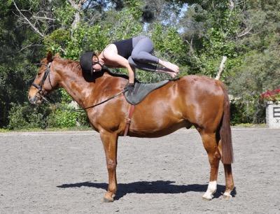 doing yoga on a horse with a bareback pad on